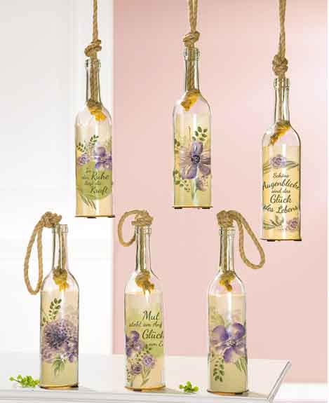 Flasche mit LED Beleuchtung und Spruch/Blume (G42652)