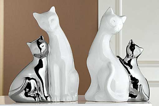 Katzenpaar Keramik weiß/silber 26 cm edel (G34978)