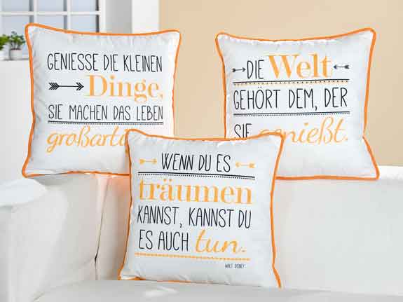 Kissen weiß-orange mit Spruch (G46923)
