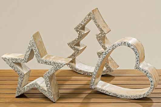 Aufsteller Holz mit Glitzerrand Baum, Herz, Stern (822980)