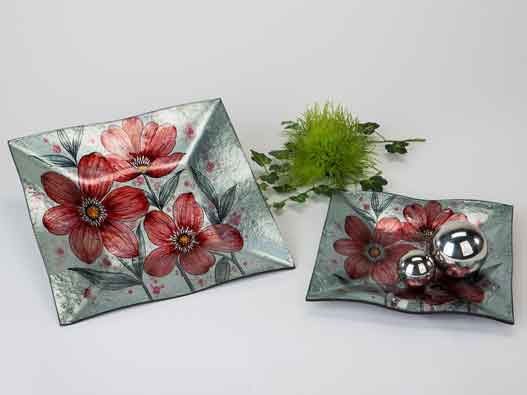 Teller Glas Deko Schale Rote Blumen 25 cm (B884237)