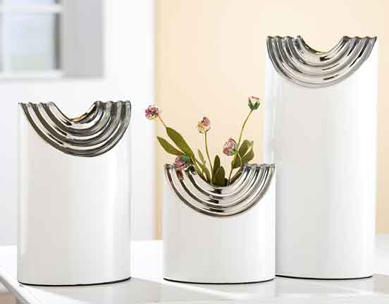 Vase Collare weiß-silber Keramik (G33990)